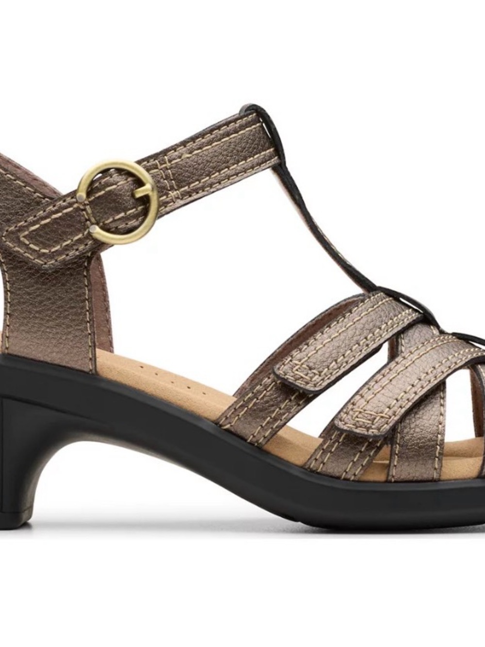 Clarks New Women's Metallic Brown T-Strap Comfort leather Heel Sandals size 5